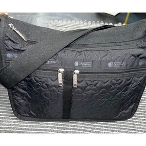 LeSportsac Deluxe Everyday Bag Black Quilted Floral Nylon Crossbody Travel Bag